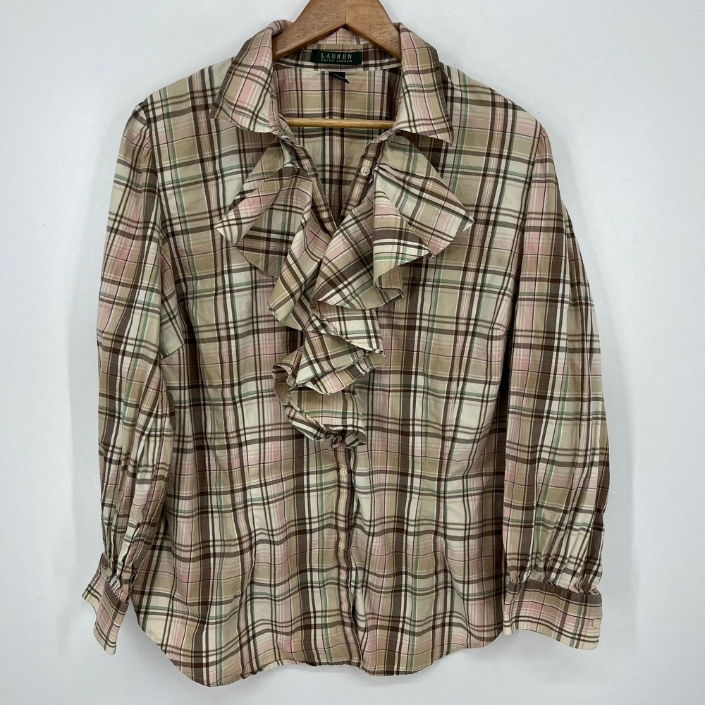 Lauren Ralph Lauren Womens 2X Plaid Ruffle Front Button Down Cotton Blouse Pink